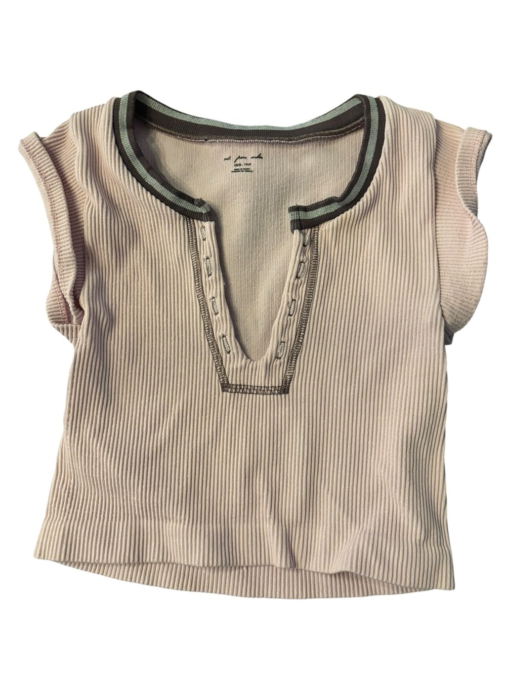 Urban Outfitters Beige Ribbed Scoop Neck Baby Tee with Green Trim